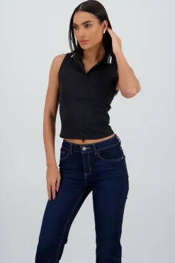 Shasa Sleeveless Polo Neck Top with Contrast