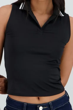 Shasa Sleeveless Polo Neck Top with Contrast