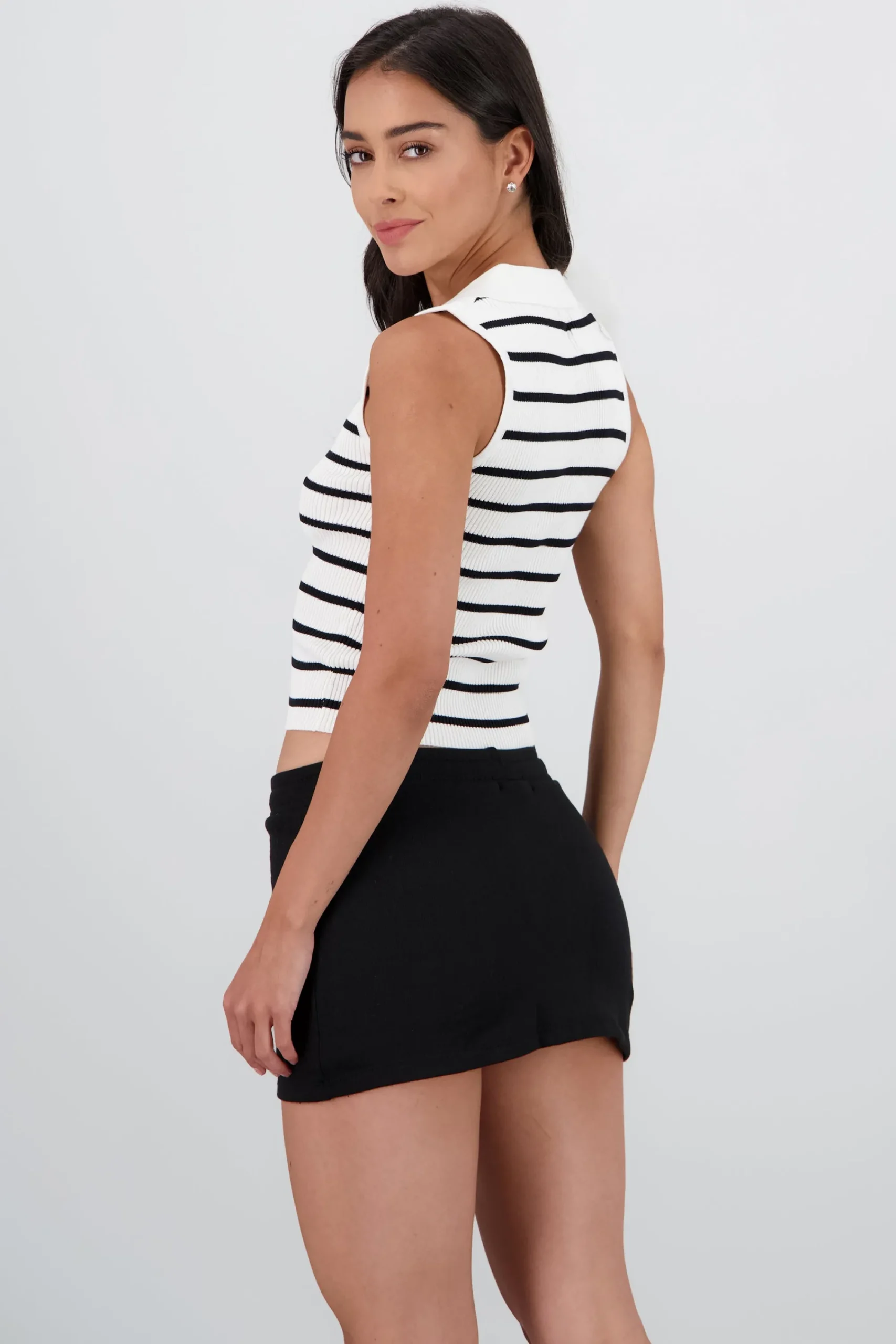 Shasa Sleeveless Striped Polo Neck Top