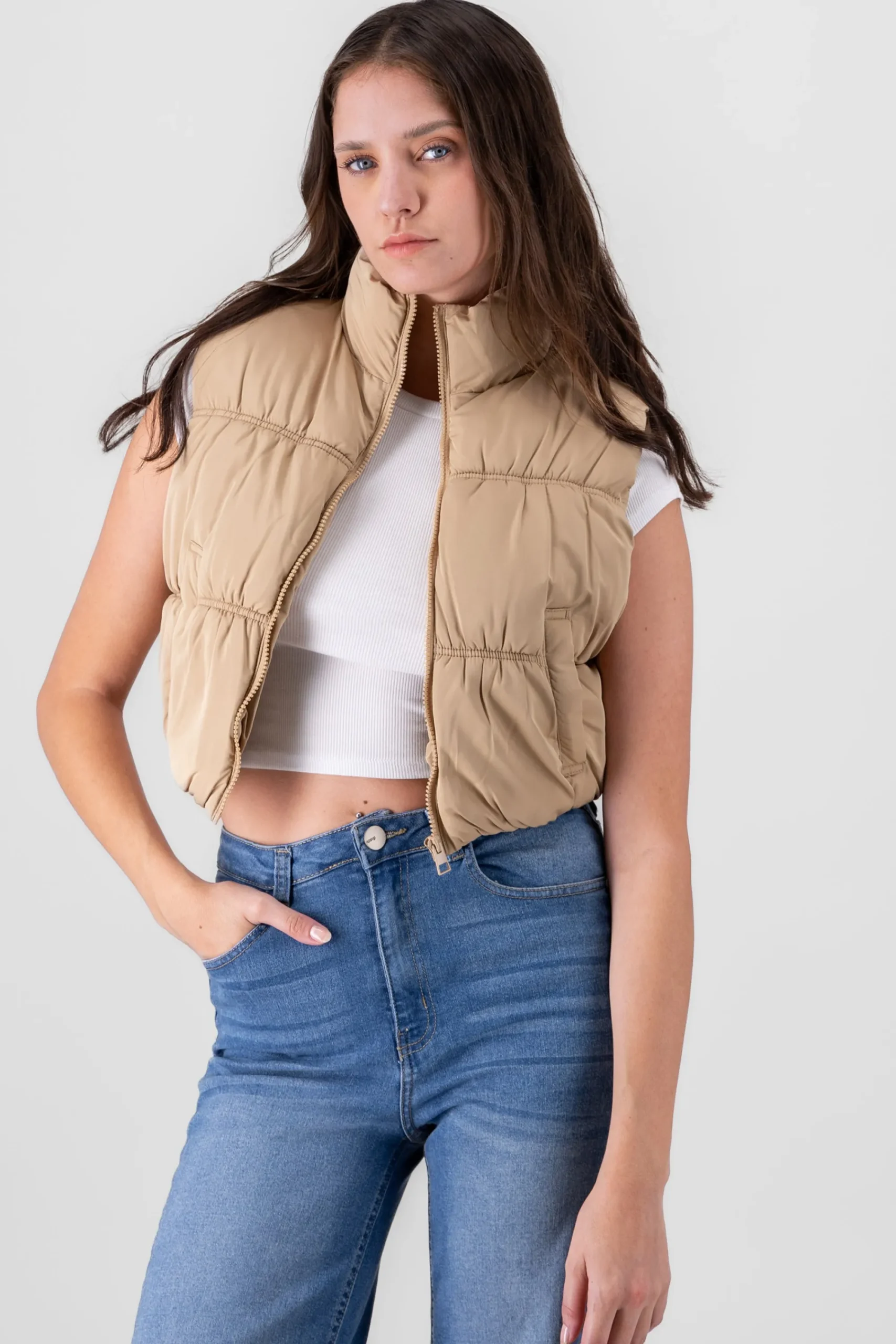 Shasa Solid Cropped Puffer Vest