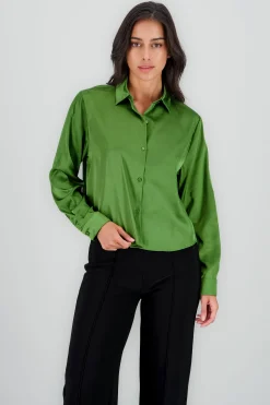 Shasa Solid Cropped Satin Shirt