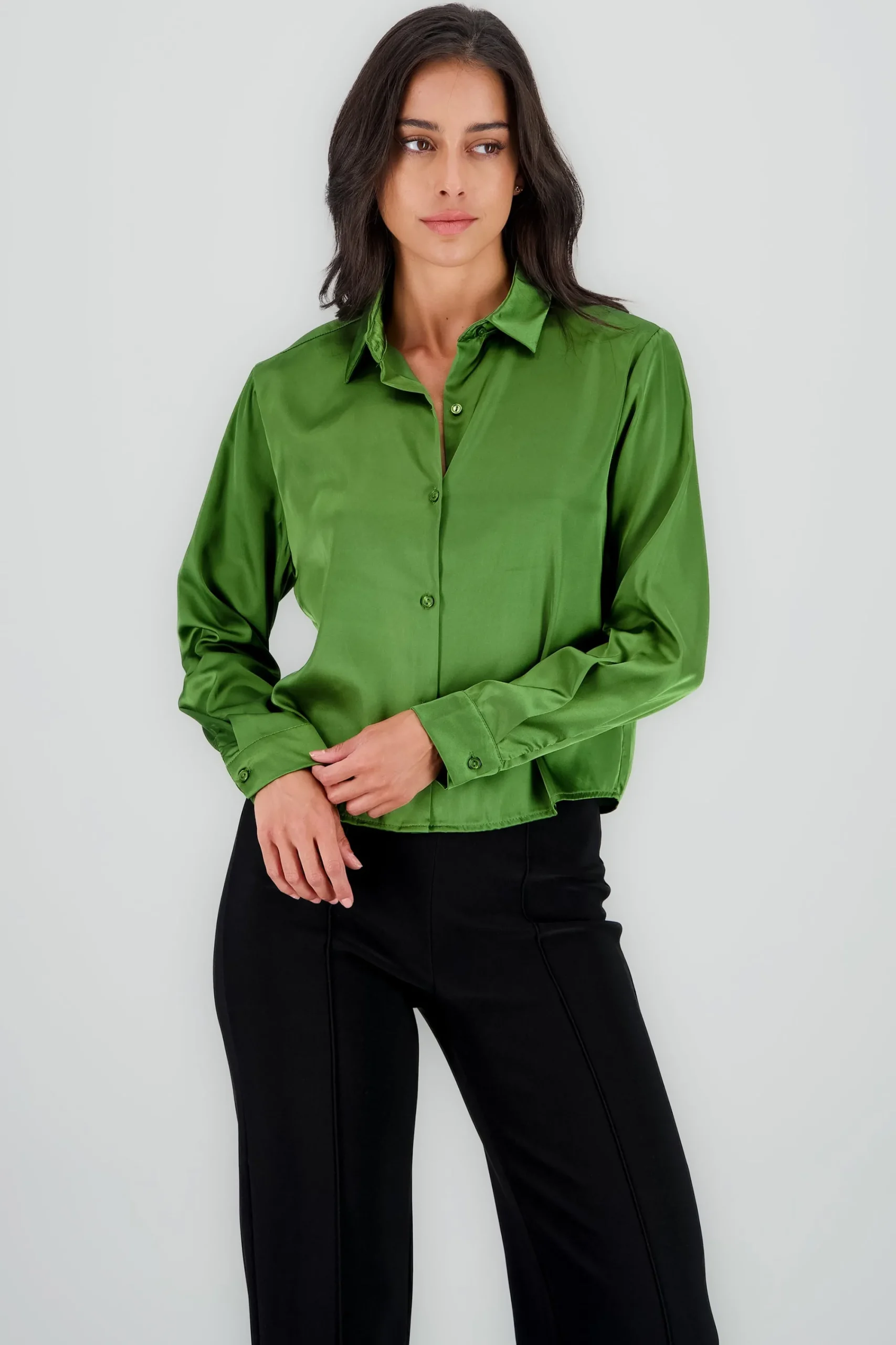 Shasa Solid Cropped Satin Shirt