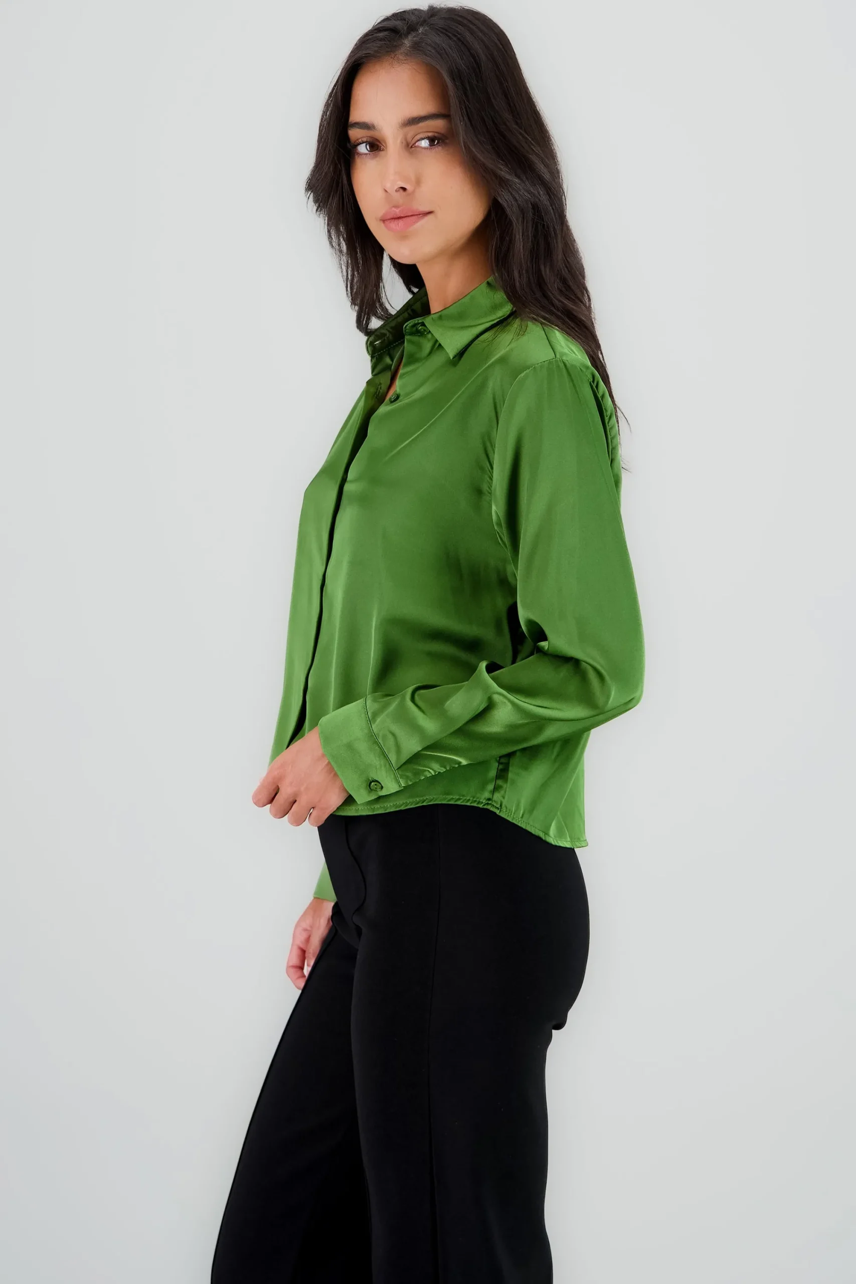 Shasa Solid Cropped Satin Shirt
