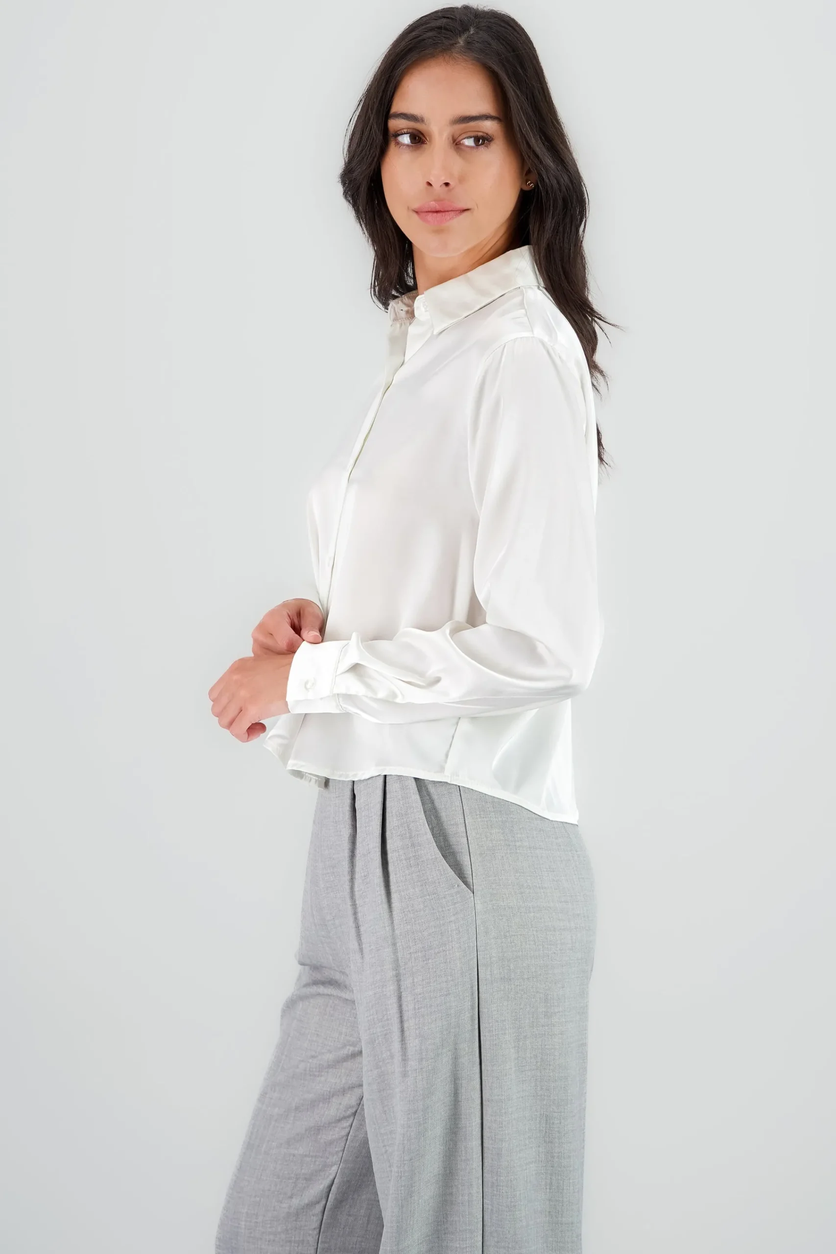 Shasa Solid Cropped Satin Shirt