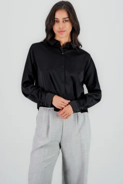 Shasa Solid Cropped Satin Shirt