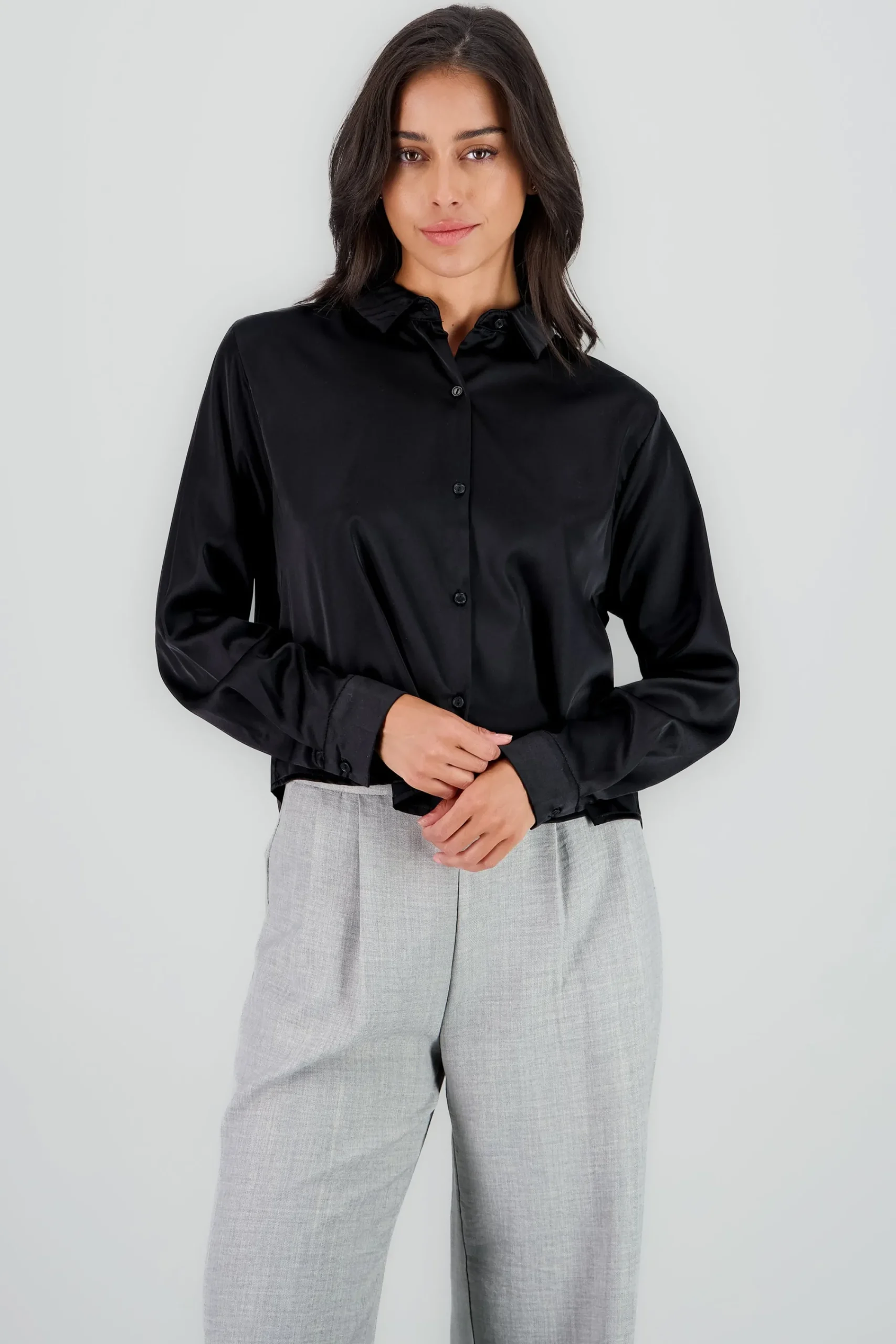 Shasa Solid Cropped Satin Shirt