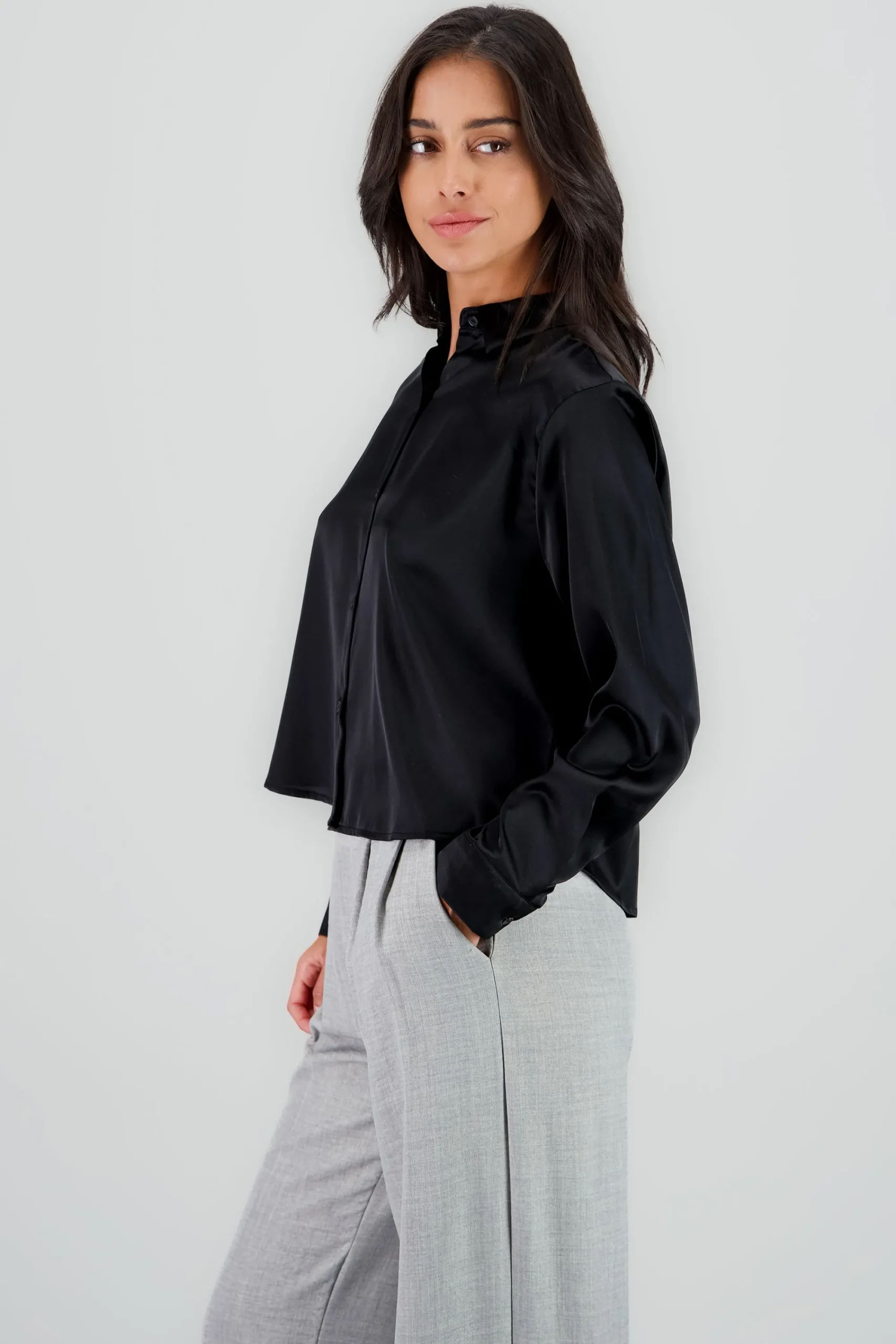 Shasa Solid Cropped Satin Shirt