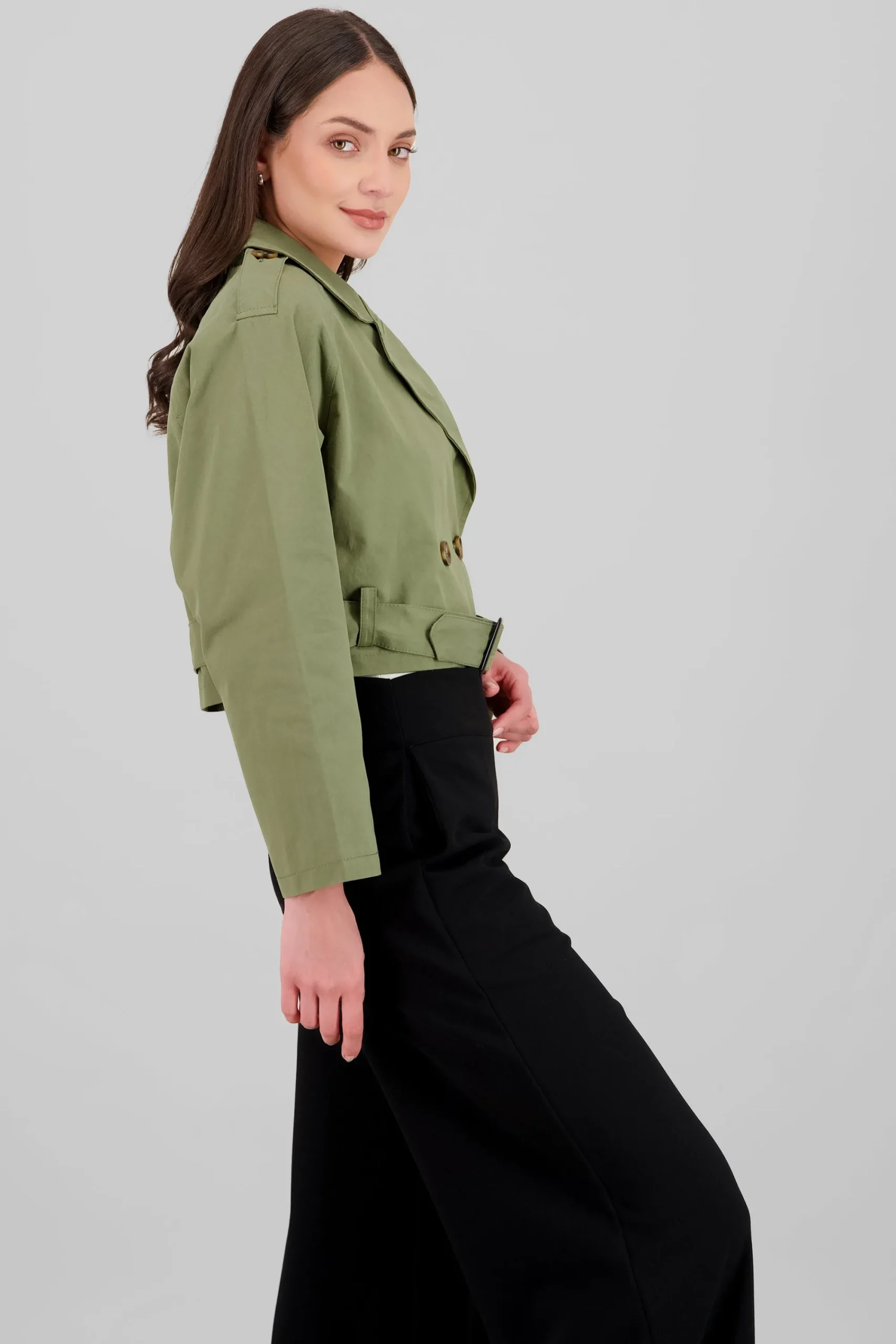 Shasa Solid Cropped Trench Coat
