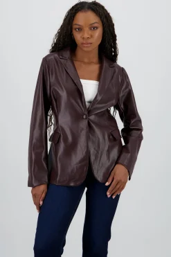 Shasa Solid Faux Leather Blazer