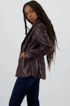 Shasa Solid Faux Leather Blazer