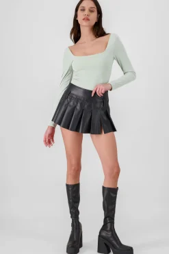 Shasa Solid Faux Leather Mini Skirt