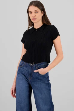Shasa Solid Knit Top with Zipper