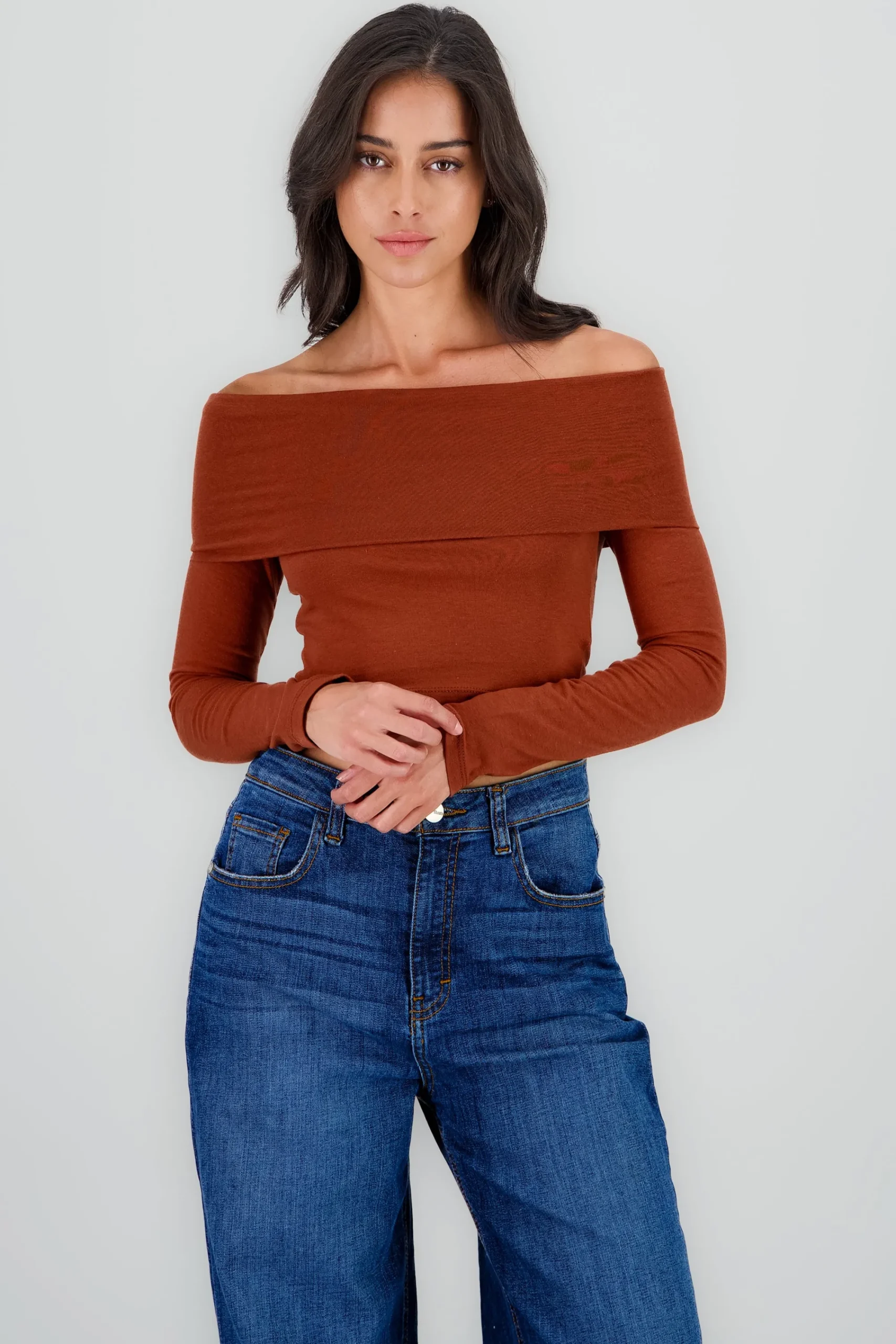 Shasa Solid Long Sleeve Off Shouder Top