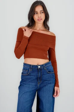 Shasa Solid Long Sleeve Off Shouder Top