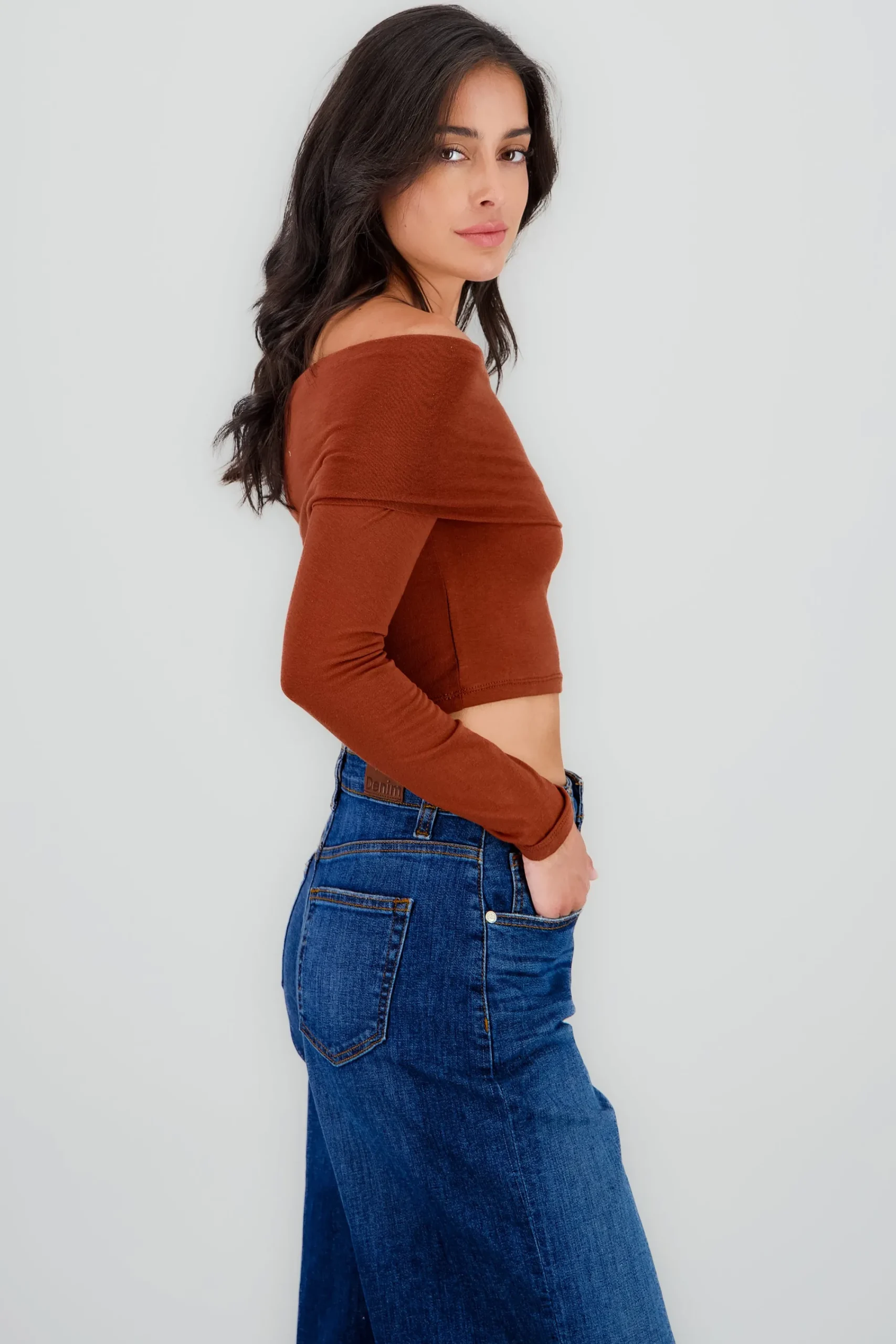 Shasa Solid Long Sleeve Off Shouder Top