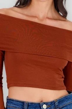 Shasa Solid Long Sleeve Off Shouder Top