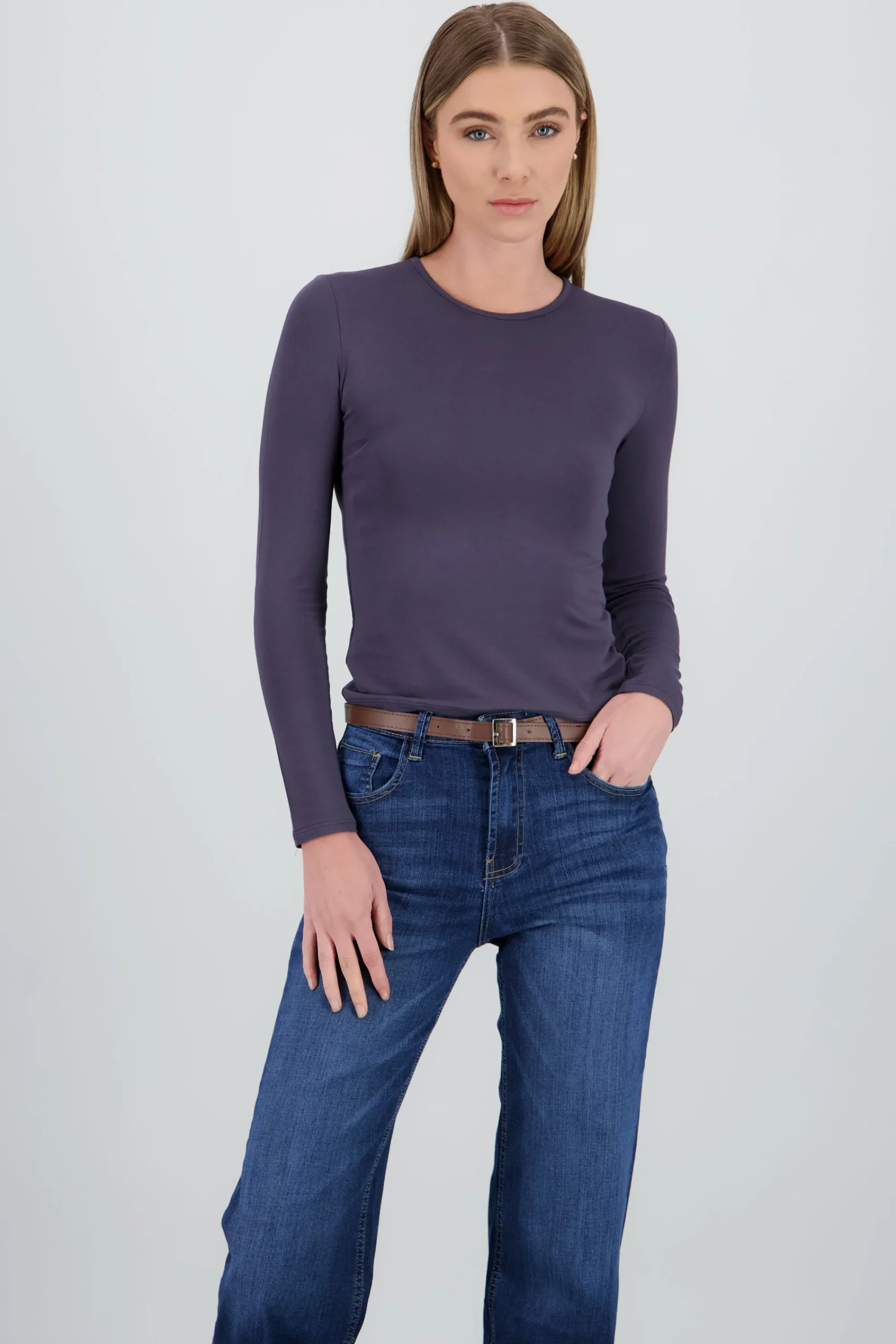 Shasa Solid Long Sleeve Round Neck Top