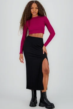 Shasa Solid Midi Skirt with Slit Detail