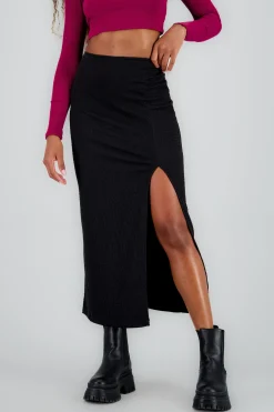 Shasa Solid Midi Skirt with Slit Detail