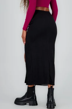 Shasa Solid Midi Skirt with Slit Detail