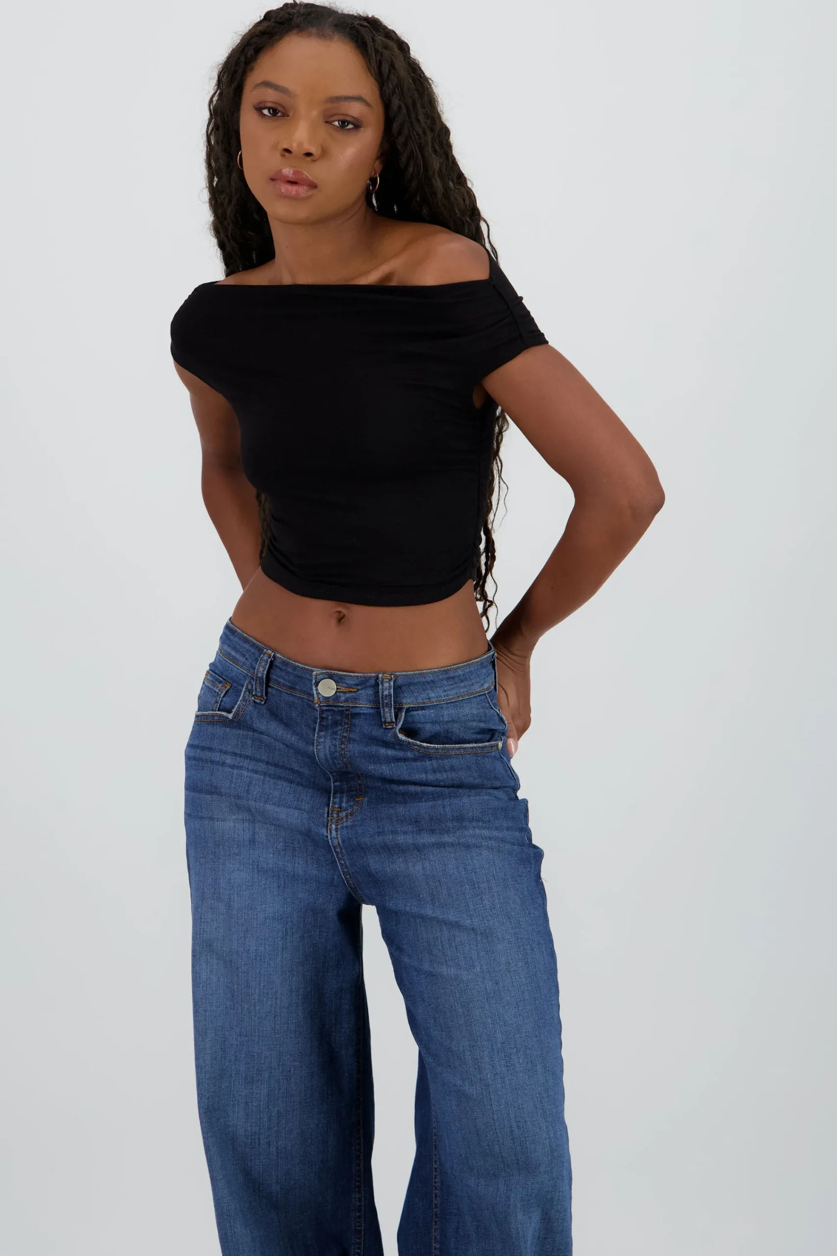 Shasa Solid Off Shoulder Pleated Top