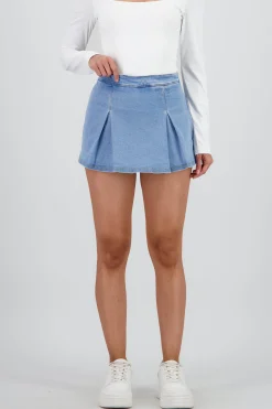 Shasa Solid Pleated Denim Skirt