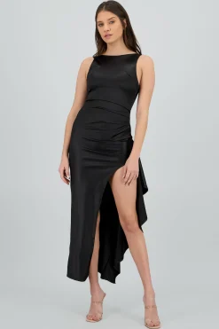 Shasa Solid Satin Dress with Pleats and Ruffle