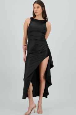 Shasa Solid Satin Dress with Pleats and Ruffle