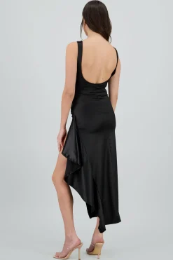 Shasa Solid Satin Dress with Pleats and Ruffle