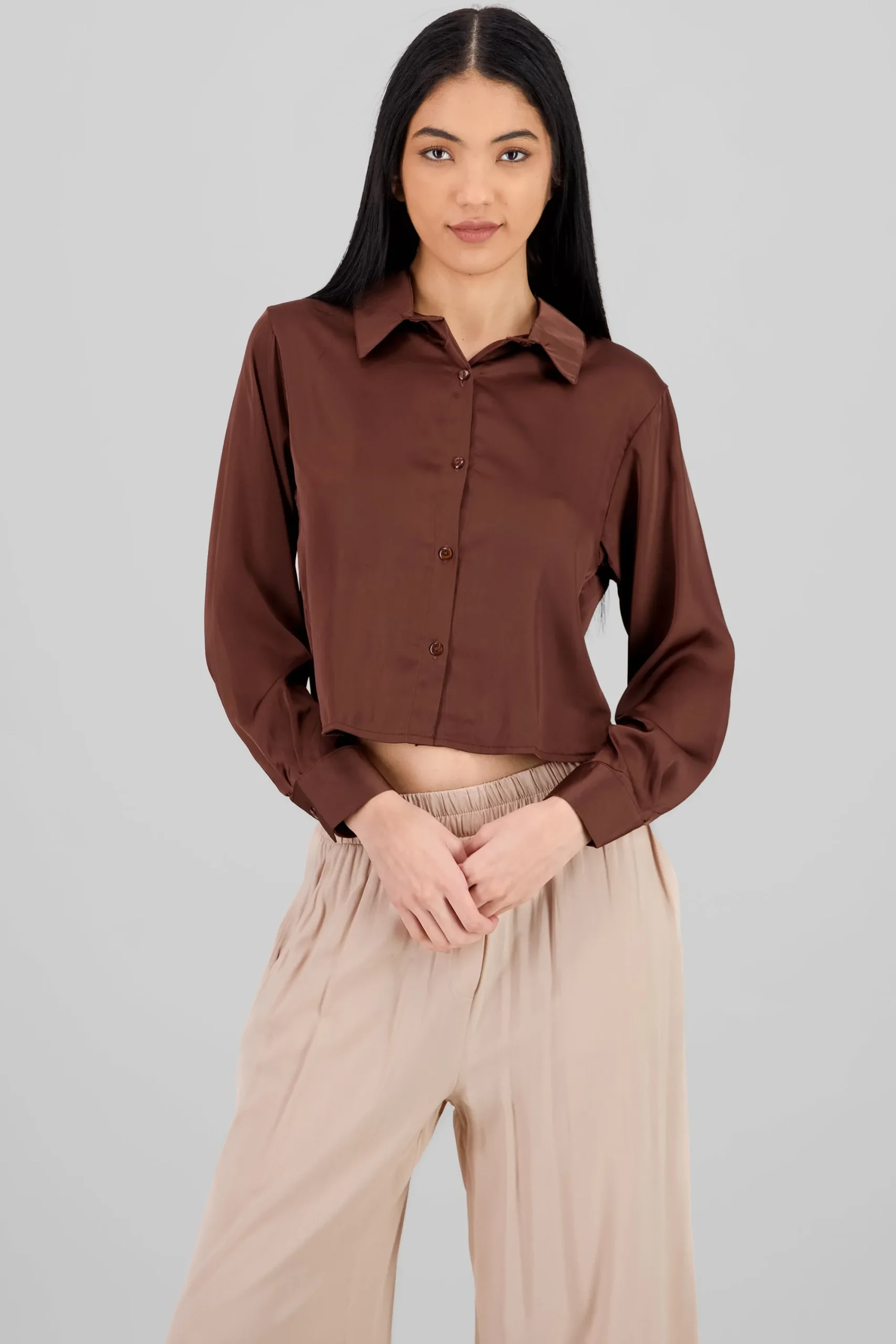Shasa Solid Satin Long Sleeve Shirt