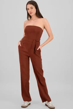 Shasa Solid Strapless Jumpsuit With Belt