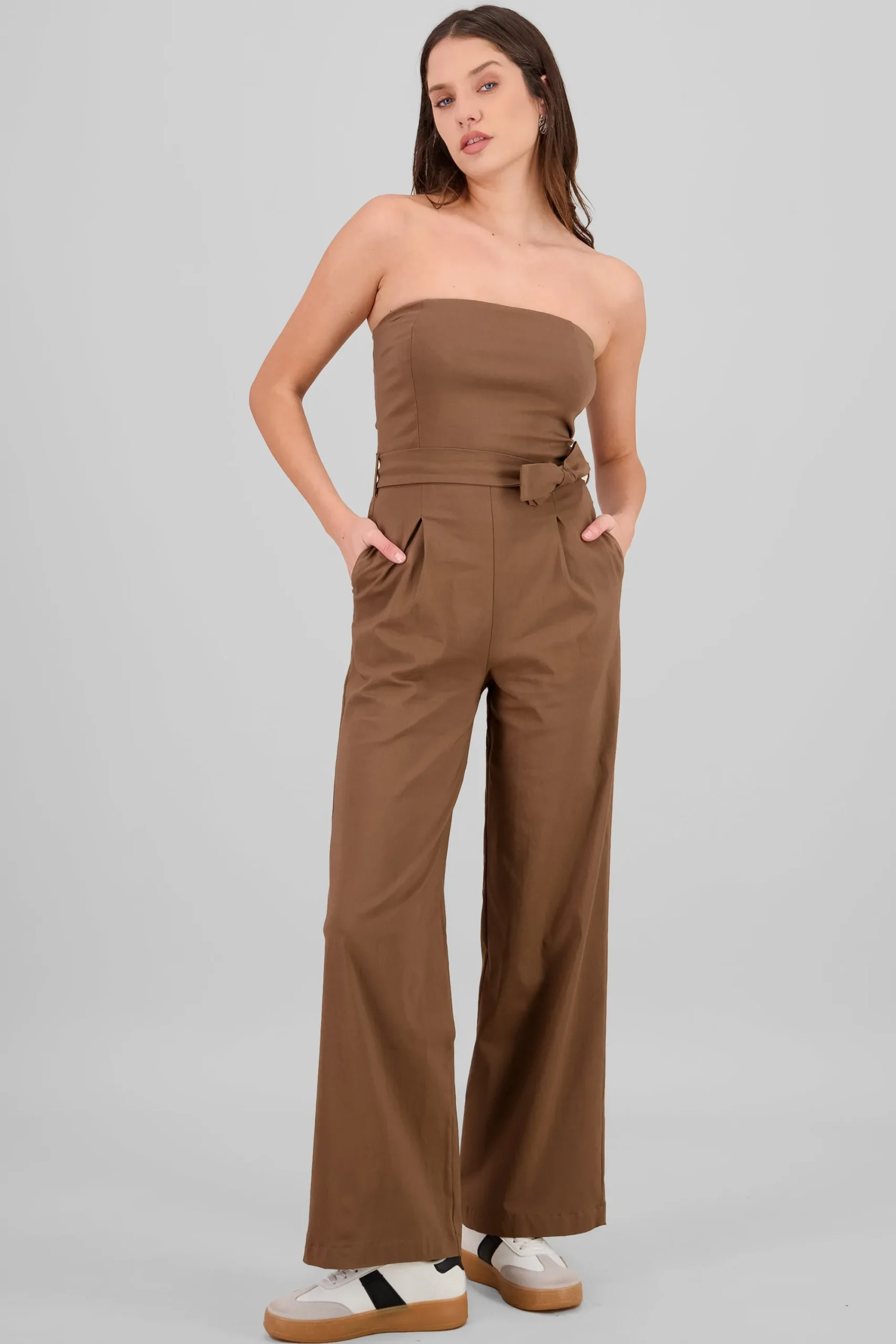 Shasa Solid Strapless Jumpsuit With Belt