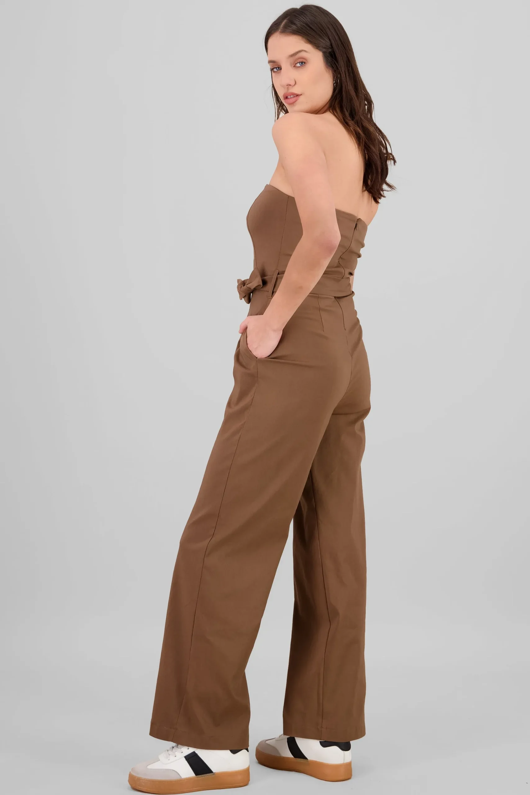 Shasa Solid Strapless Jumpsuit With Belt