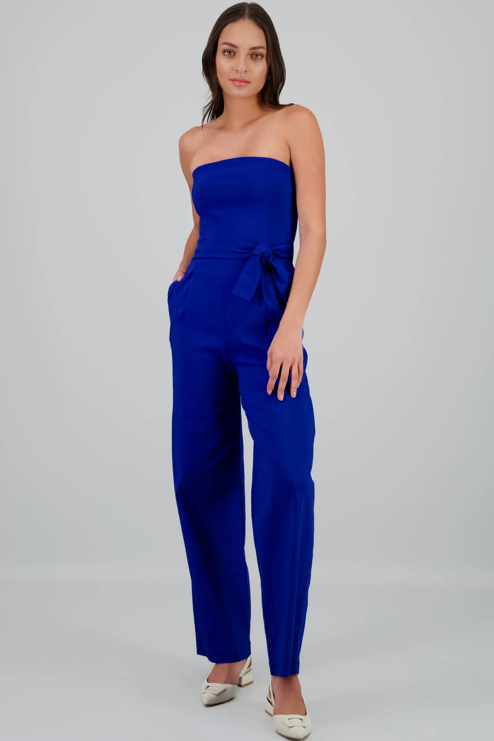 Shasa Solid Strapless Jumpsuit With Belt