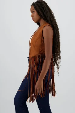 Shasa Solid Suede Vest with Fringes