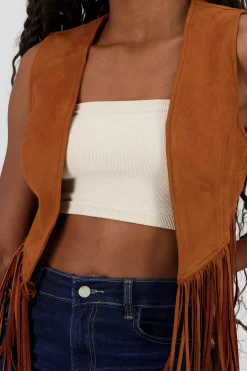 Shasa Solid Suede Vest with Fringes