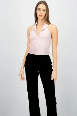 Shasa Solid Zipper Halter Top