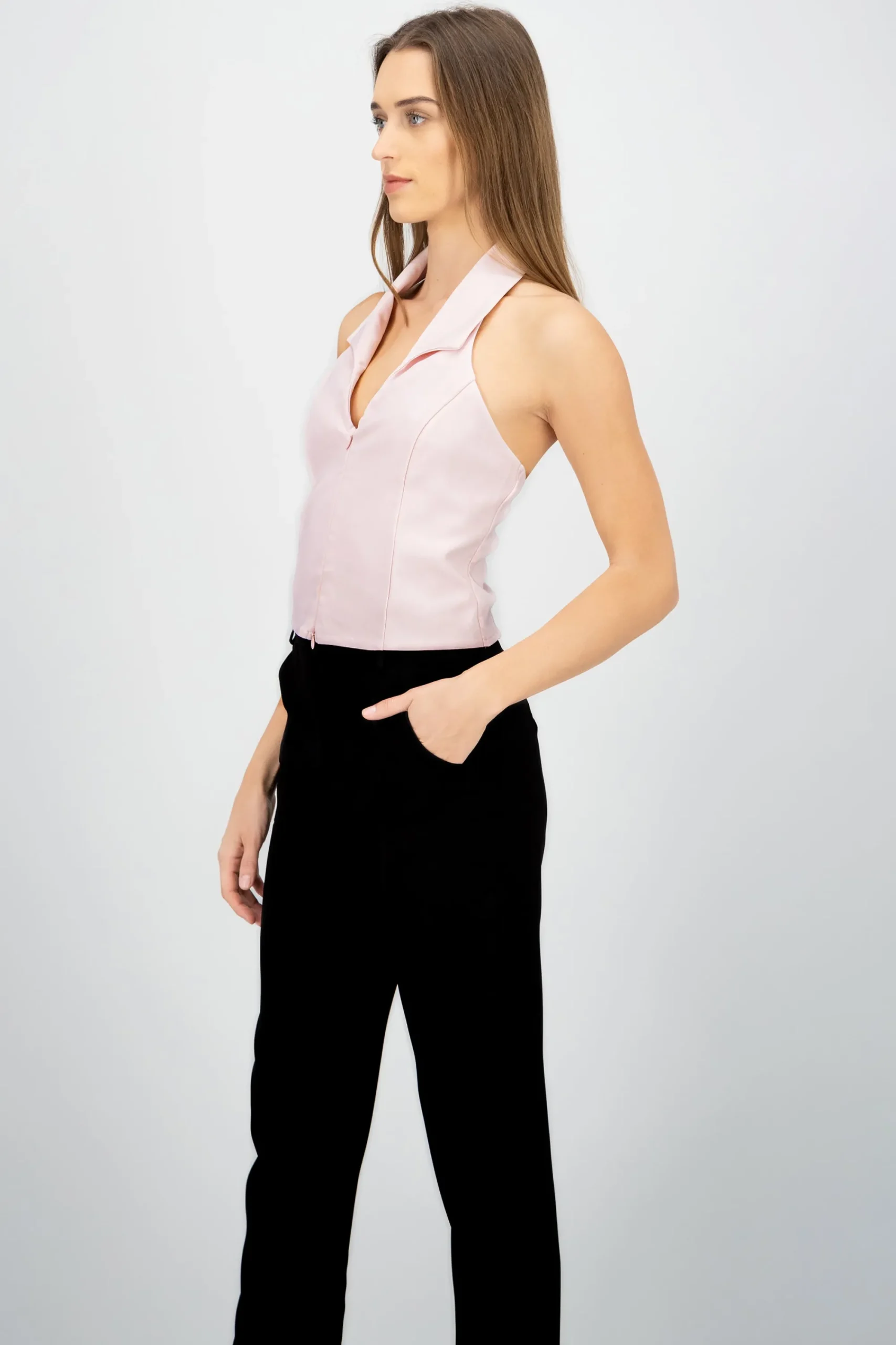 Shasa Solid Zipper Halter Top