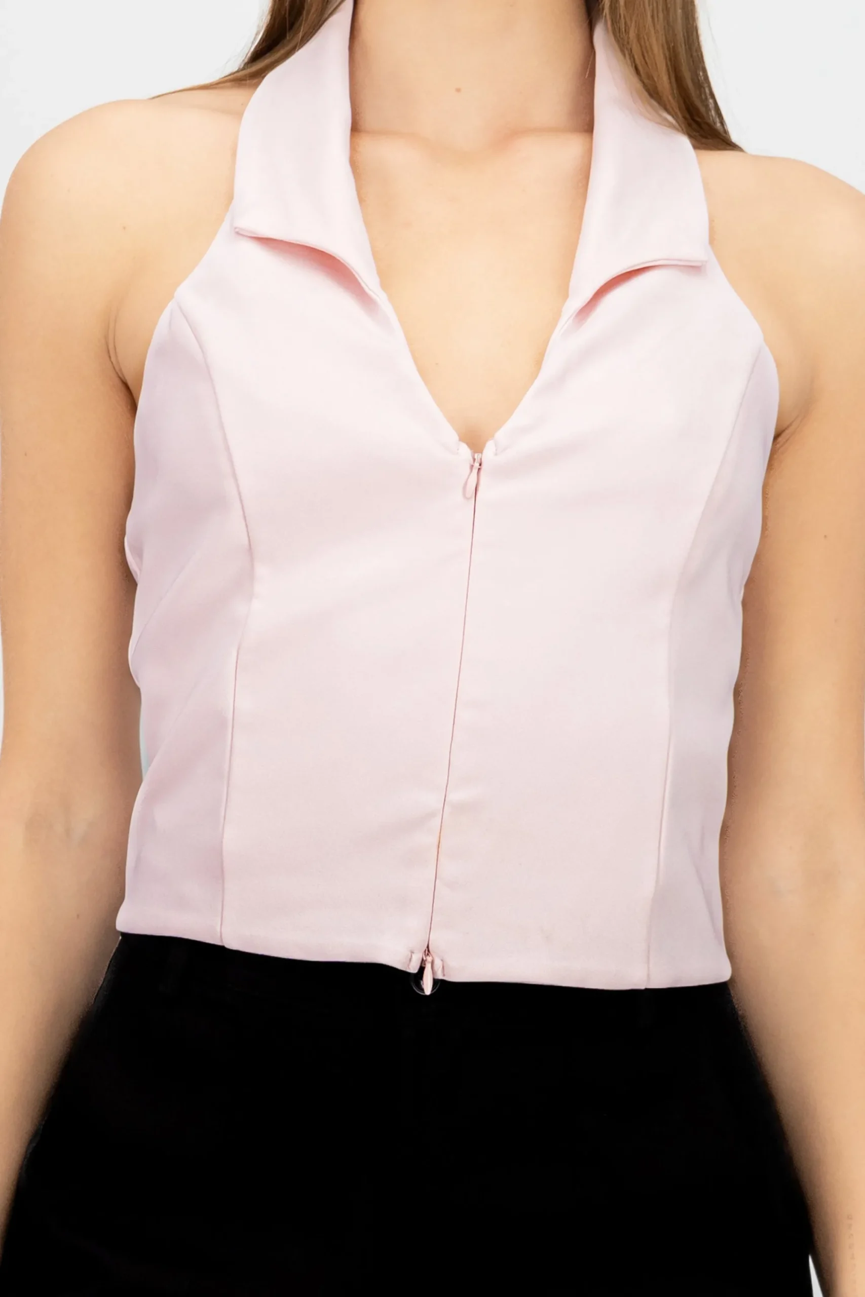 Shasa Solid Zipper Halter Top