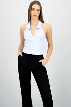 Shasa Solid Zipper Halter Top