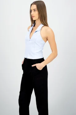 Shasa Solid Zipper Halter Top
