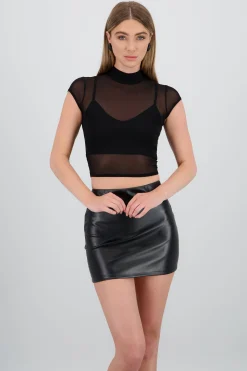 Shasa Solidhigh Neck Mesh Top