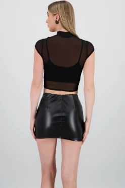 Shasa Solidhigh Neck Mesh Top