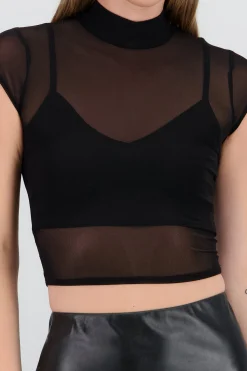 Shasa Solidhigh Neck Mesh Top