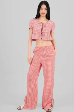 Shasa Straight Checkered Pants with Bow Detail