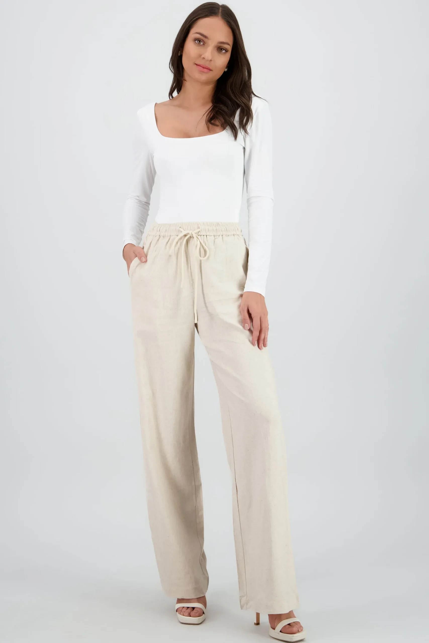 Shasa Straight Leg Solid Pants with Drawstring Waistband