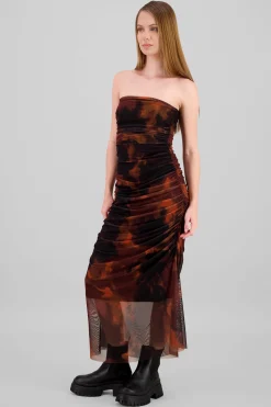Shasa Strapless Draped Mesh Maxi Dress