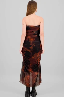 Shasa Strapless Draped Mesh Maxi Dress