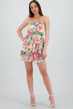 Shasa Strapless Floral Print Mini Ruffle Dress