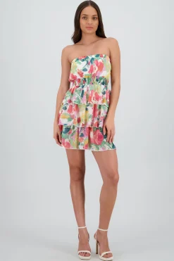 Shasa Strapless Floral Print Mini Ruffle Dress